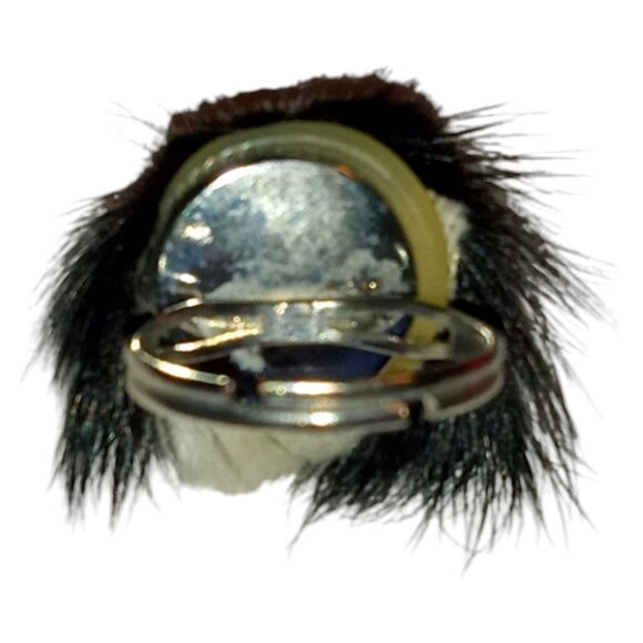 VINTAGE Black White Furry Dog Ring Faux Fur Silver Tone Size Adjustable Size 7 - Picture 6 of 8